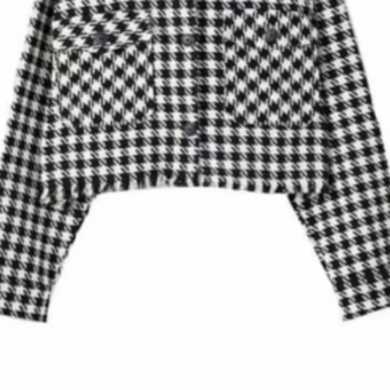 Traf Women Fashion Single Bered Short Black Plaid Jacket Pocket Accessories Retro Long Rleeve Bluzka Streetwear 220217