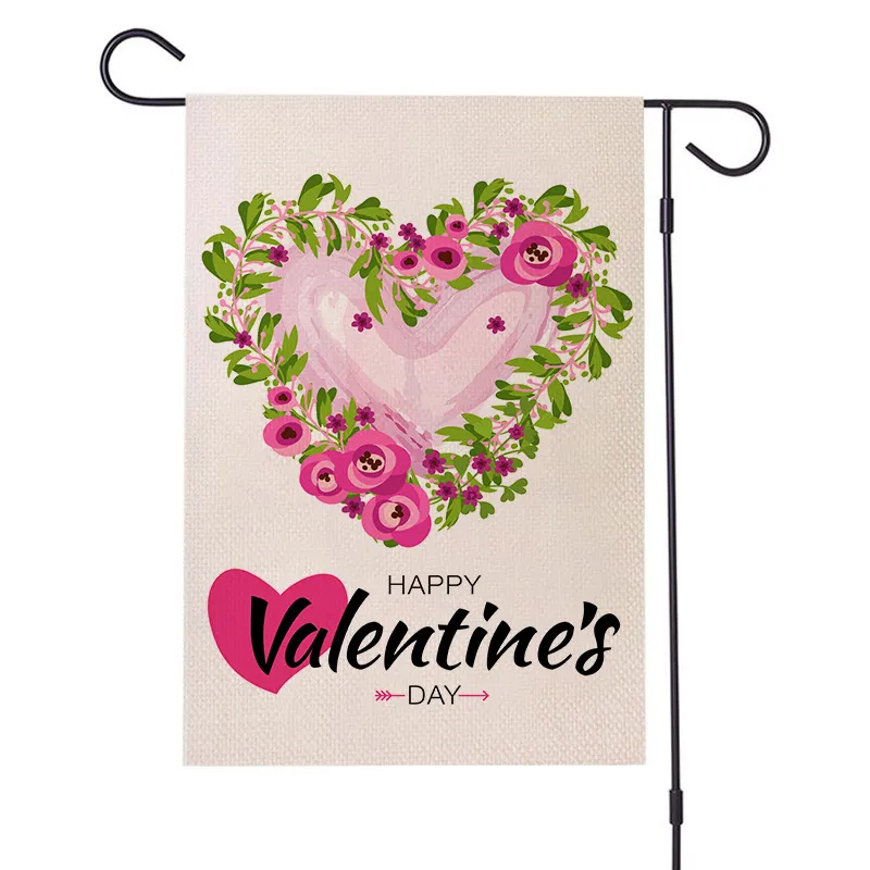 Valentinstag-Gartenbanner-Flaggen „Love Happy Courtyard“-Leinen, doppelseitiger Druck, Rosenblumen-Flagge