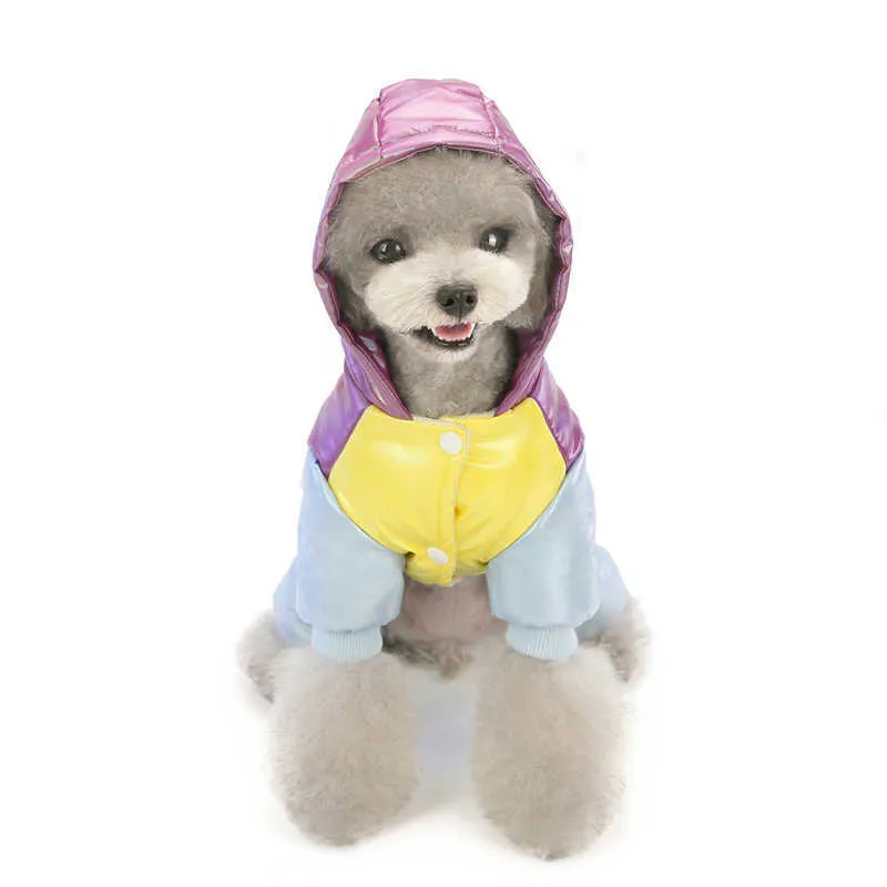 冬の暖かいフード付き犬の服厚く子犬ペットコートのジャケットのための小さな犬のジャンプスーツの虹服のオーバーオール衣装チワワ211007
