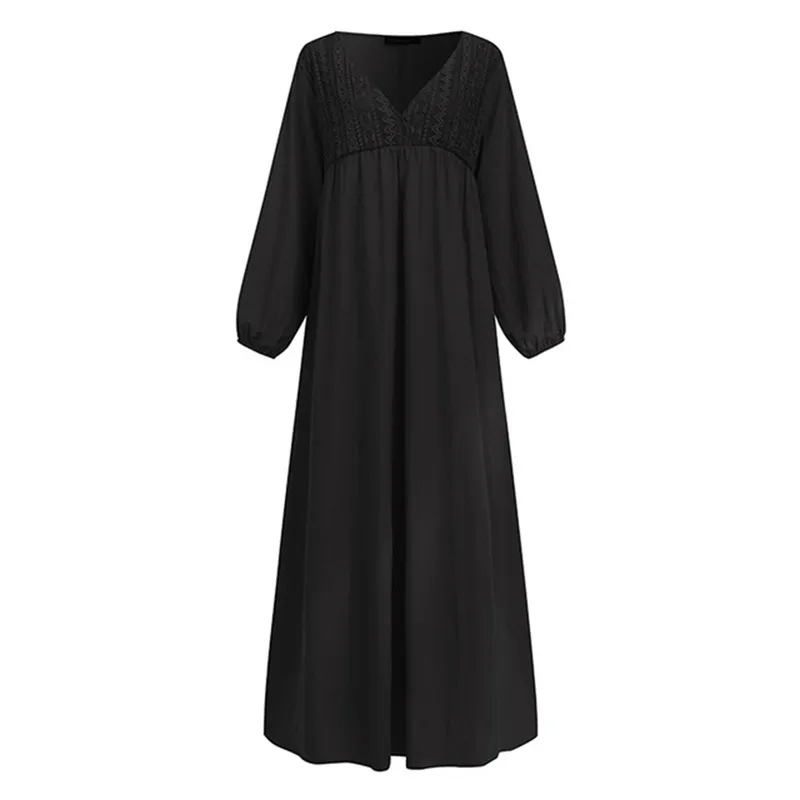 Women Dress Autumn Casual Full Length Regular Sleeve V-neck Solid Color High Waist Floor-length Fashion 210522