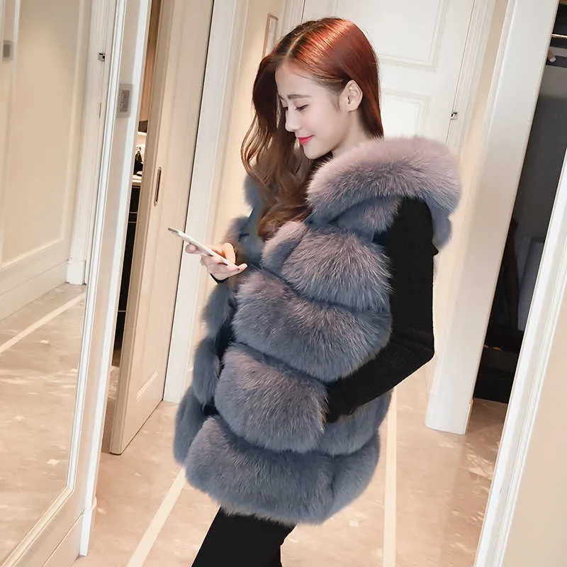 겨울 테디 코트 모피 인공 에코 따뜻한 조끼 여성 민소매 모자 여성 코트 가짜 한국 패션 의류 210816