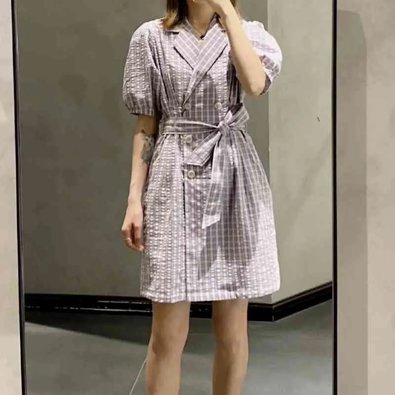 Japan stil puff ärm vintage klänning temperament spets upp plaid klänningar kvinnor sommar lila mini vestidos mujer 210514