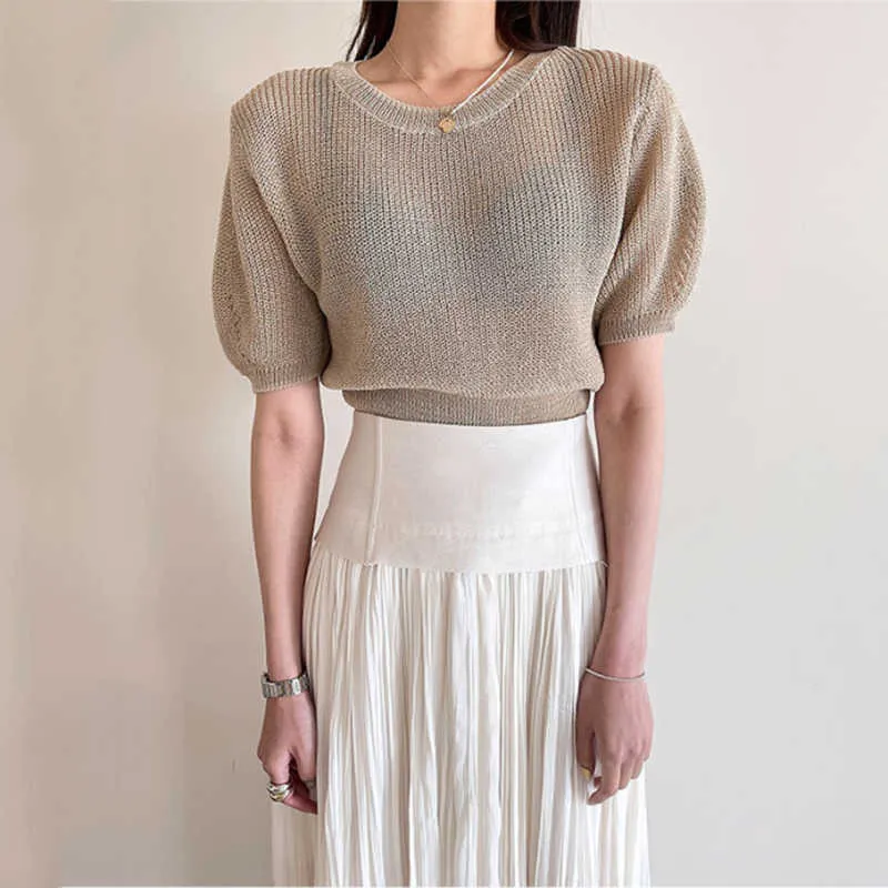 Korejpaa Kobiety Ustaw Summer Koreański Chic Temperament Round Neck Hollow Micro-przepuszczalny Sweter Puff Sweter Talia Plisowana spódnica 210526