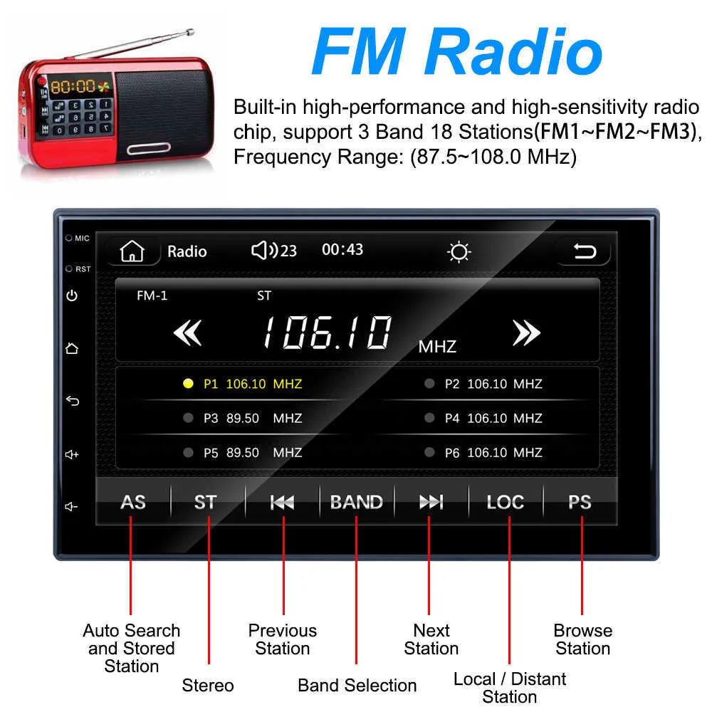 2 Din Car Radio Autoradio Apple Carplay Android Auto 7" Touch Screen Stereo Receiver Screen MP5 Multimedia Player