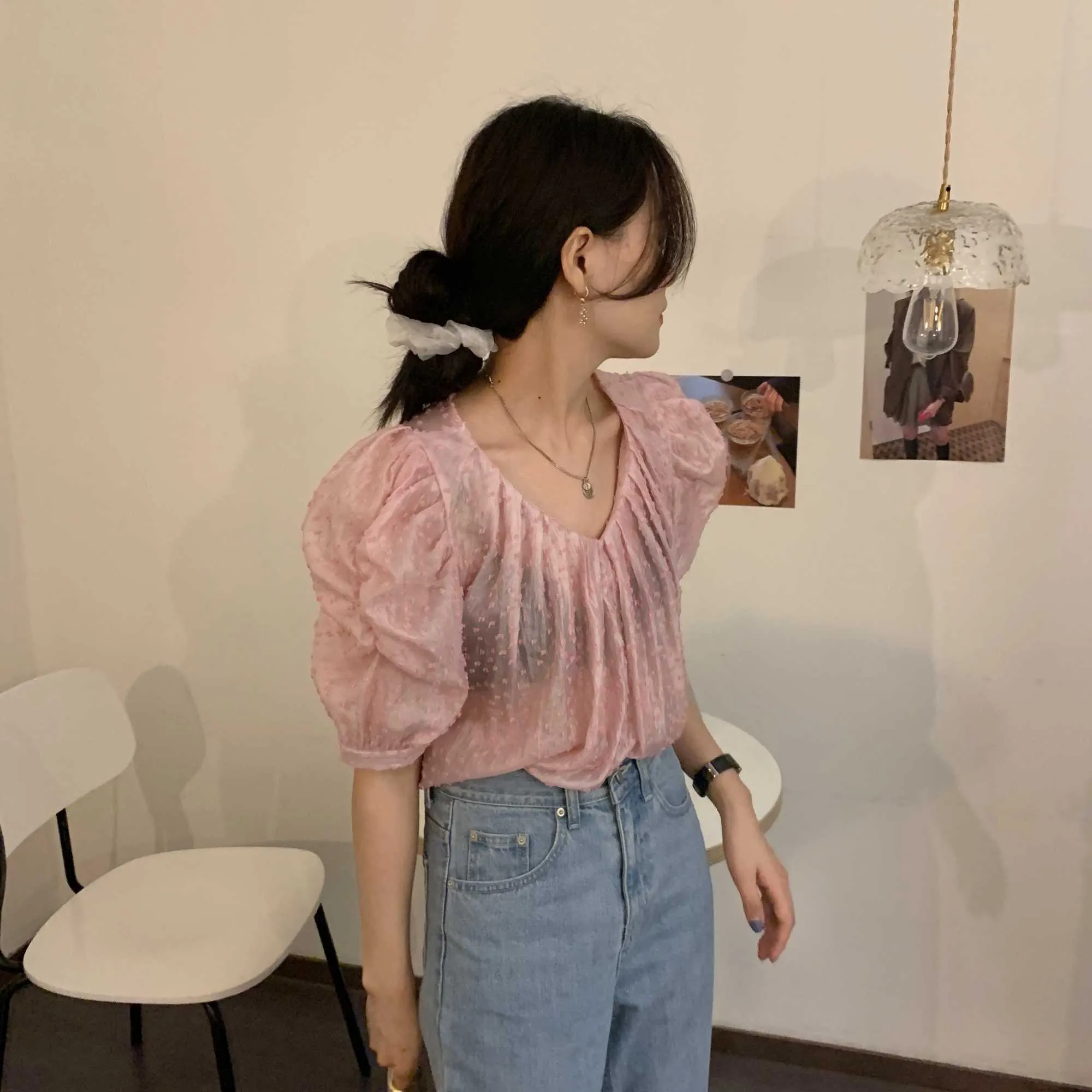 Pink Summer Chiffon Sexy Light V-Neck Fairy Basic Streetwear Cute Thin Girls High Quality Sweet Blouses 210525