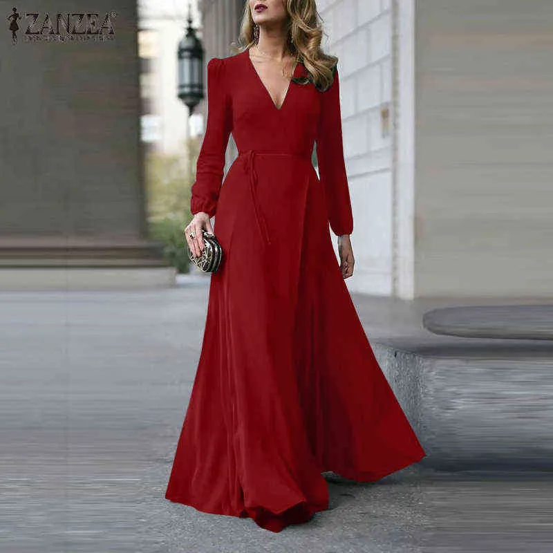 Zanzea mulheres elegantes v pescoço manga comprida cetim sundress sólido sólido a linha maxi casual cintura alta vestido vestido longo vestido y1204