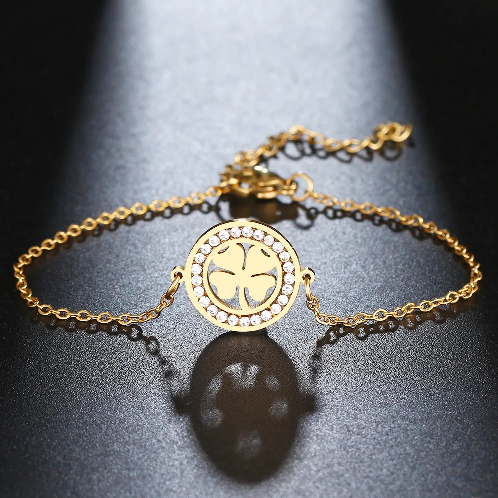 Pulseira de cristal de aço inoxidável para mulheres clássicas de quatro folhas trevo ouro cor presentes jóias