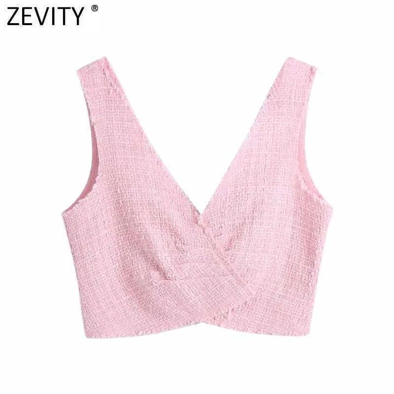 Zevity Women Fashion Vネックテクスチャツイードショートベストブラウス女性シックカジュアルプリーツデザインシャツクロップブルスサマートップスLS9383 210603
