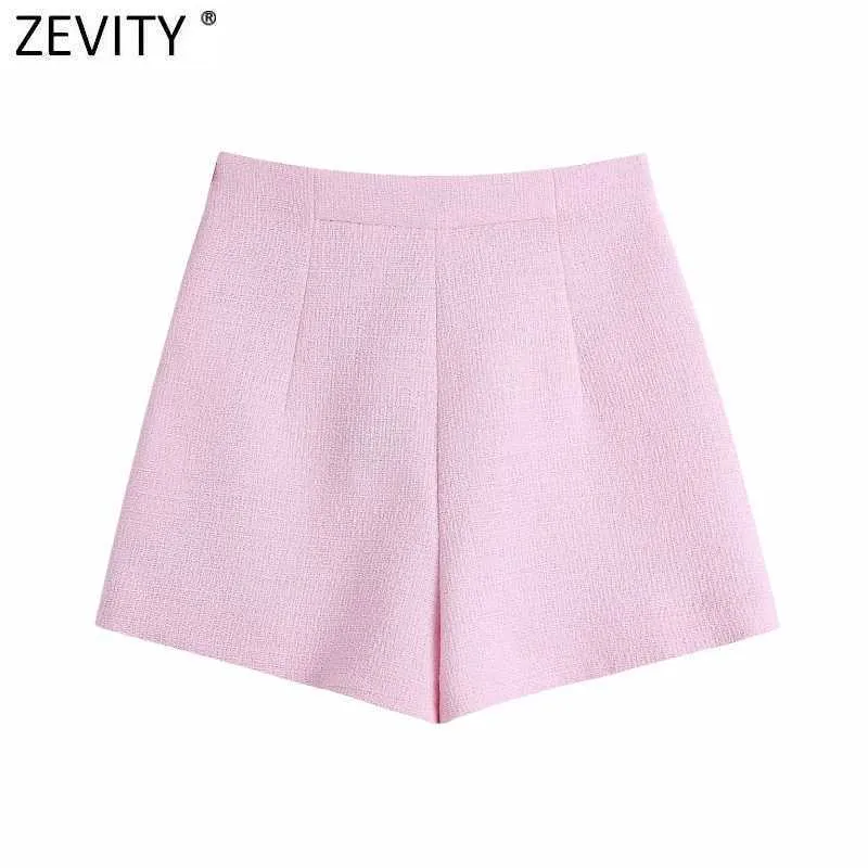 Zevity Women Fashion Button Dekoration Rosa Tweed Woolen Shorts Femme Streetwear Chic Side Zipper Pantalone Cortos P1019 210603