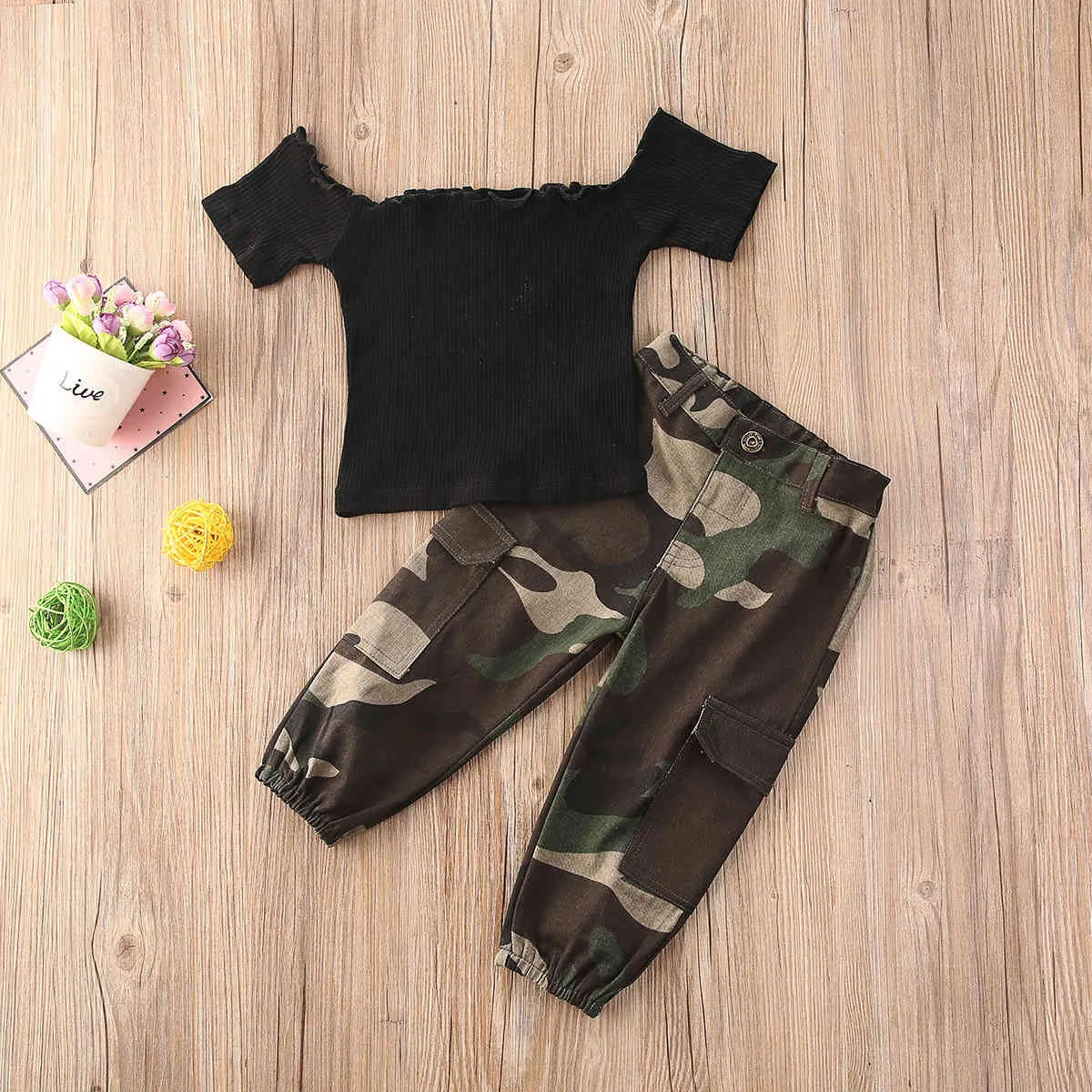 1-6Y Kleinkind Kind Kind Baby Mädchen Kleidung Sets Off Schulter Schwarz T Shirts Tops + Camouflage Hosen Outfits kostüme 210515