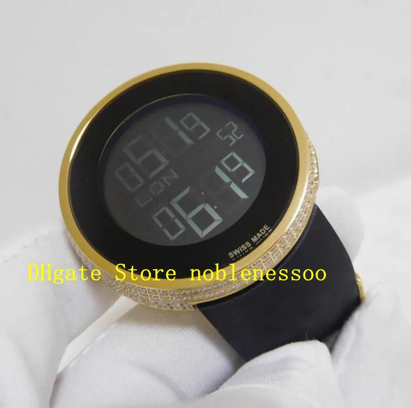 Z oryginalnym pudełkiem męskie zegarek męski unisex czarna cyfrowa tarcza Dual Time 44 mm żółte złoto diamentowe ramki YA114207 Q258R
