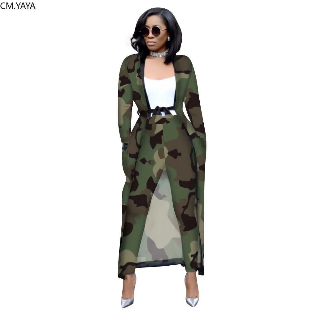 Höst Winter Women's Set Full Sleeve Long Cape Coat Sashes Byxor Sexig Fashion Print OL Two Piece Outfits Tracksuits 3535 210930