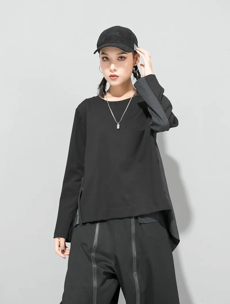 [Eam] Loose Fit Black Back Long Oversized Sweatshirt Round Neck Långärmad Kvinnor Stor Storlek Mode Vår Höst 1d687 21512