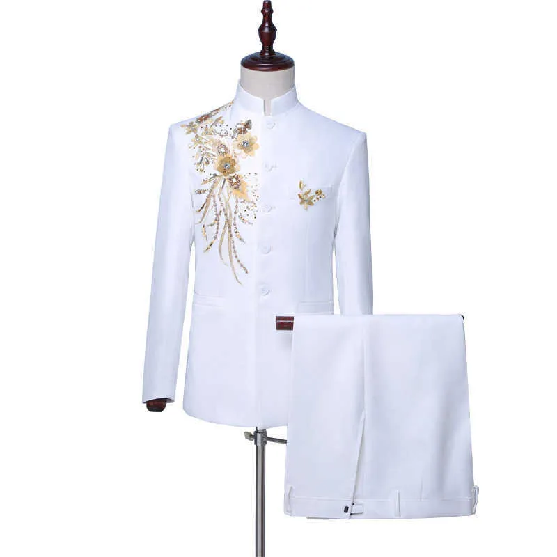 2019 estilo chinês branco carrinho gola homens ternos de ouro lantejoula lantejoula de duas peças cantor cantor trajes jaqueta + calças x0909
