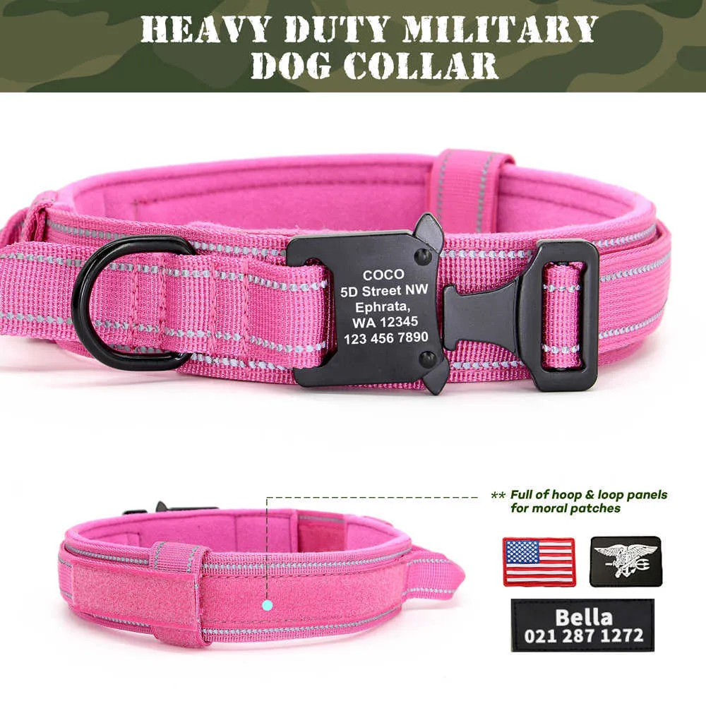 Spersonalizowany wojskowy Tactical Dog Collar Niestandardowy Nylon Bezpłatny wygrawerowany regulowany szkolenie dla średnich Duży 211022
