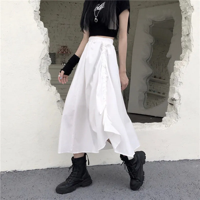 Harajuku Style coréen Blanc Noir Maxi Jupe pour femmes École Adolescents Irrégulière Taille Haute Mode Long S 210421