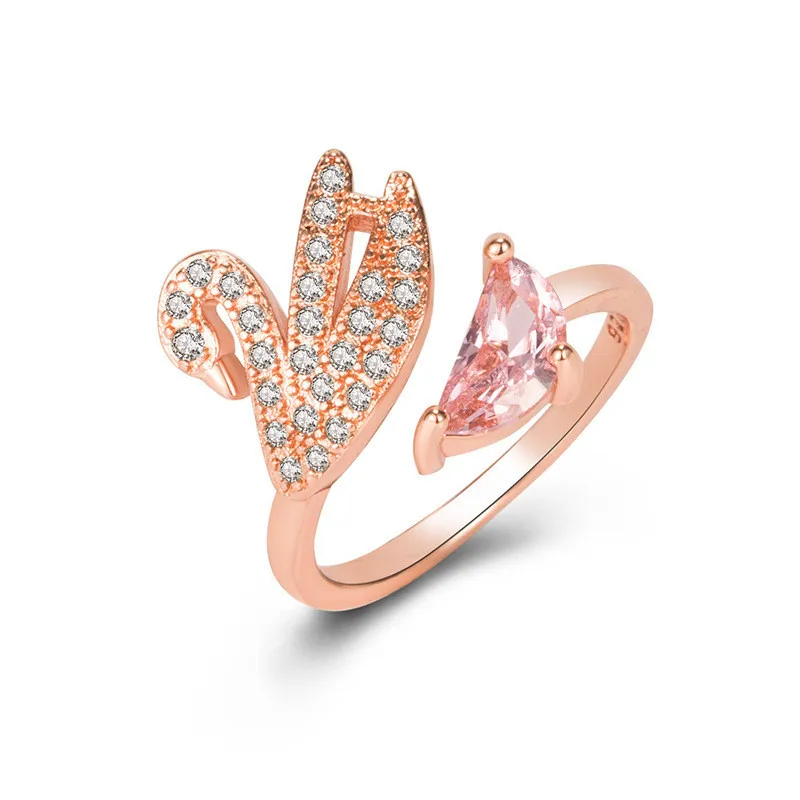 Chic Swan Design Pink Crystal Cyrkon Diamenty Gemstones Otwarte Pierścienie Dla Kobiet White Gold Color Moda Biżuteria Bijoux Prezenty