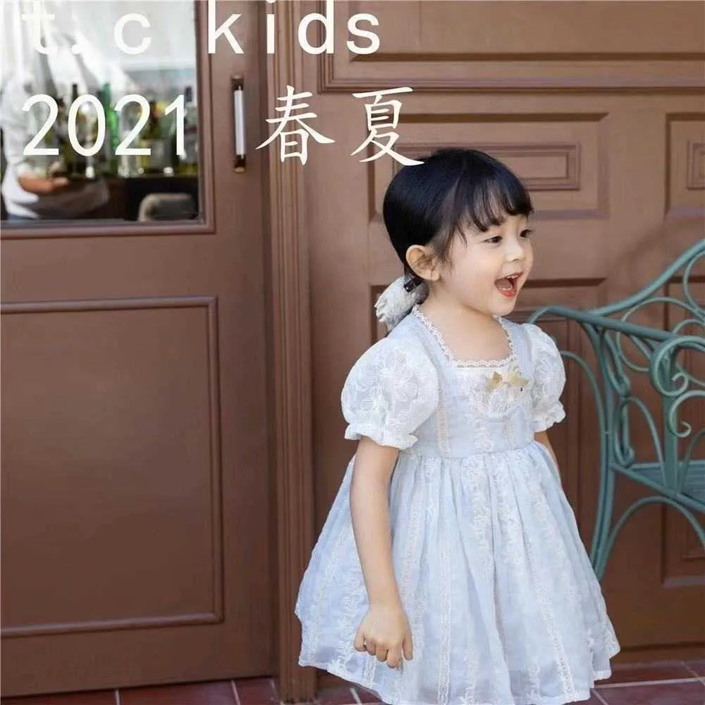 Summer Ice Blue Toddler Girls Princess Dress Kids Embroidery Puff Sleeve Boutique Clothes Lolita Baby Outfit 210529