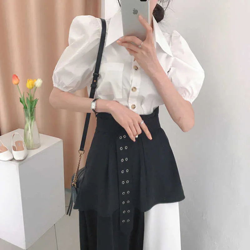 Korejpaa vrouwen sets zomer koreaanse chique dames losse revers bladerdeeg mouwen shirt hoge taille kant stiksels nep tweedelige rok 210526