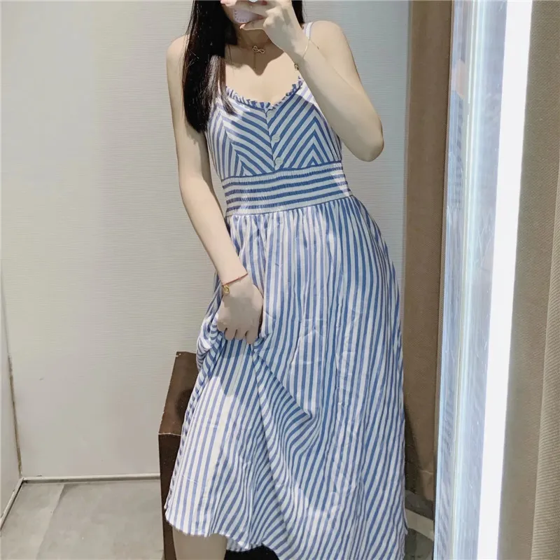 夏のドレス女性ブルーストライプの長い女性のフリルスリップミディエスノースリース弾性ウエストビーチSundress 210519