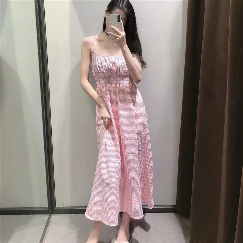 Dress Woman Pink Plaid Slip Long Women Summer Gingham Sleeveless Spaghetti Strap Midi Beach Sundress 210519