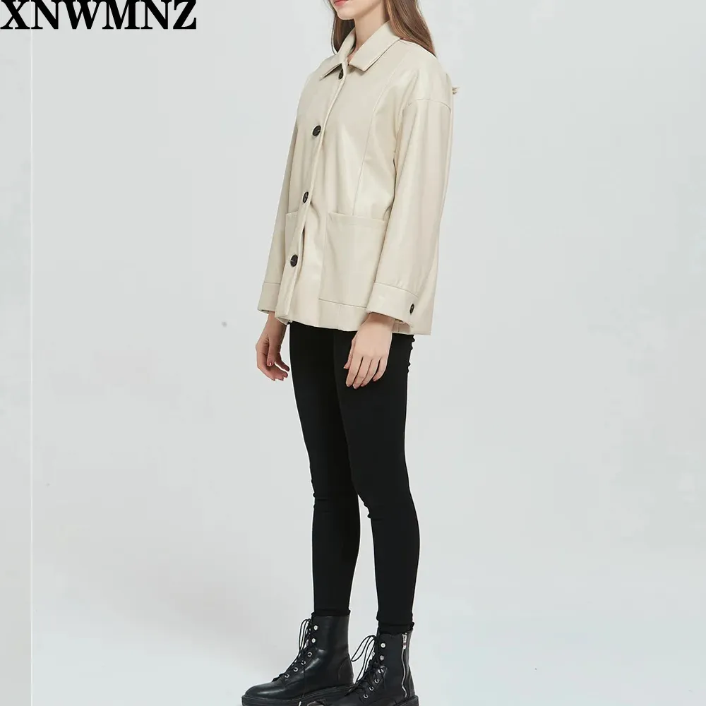 Women boy friend black faux leather jacket coat pocket Ladies Long Sleeve loose oversize Coat High quality 210520