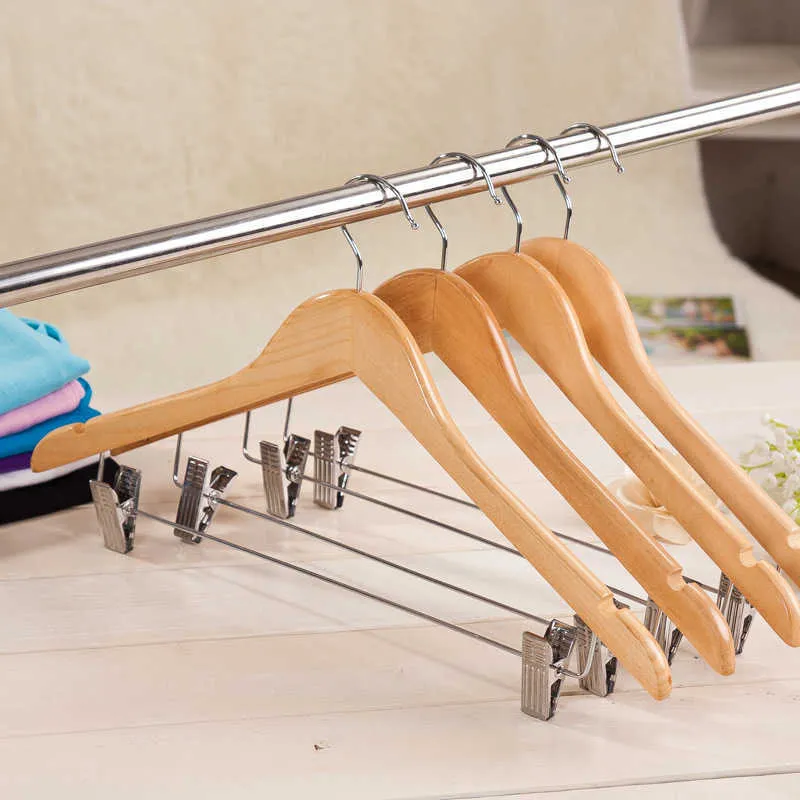 Wooden Suit Hangers with Polished Clips and Hooks Natural Wood Clothes Hangers Pants Storage Rack