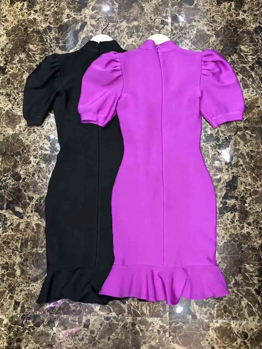 새로운 가을 여성 붕대 드레스 O 넥 루프 반소매 Fishtail Midi Bodycon 드레스 우아한 연예인 핫 핑크 Vestidos 210331