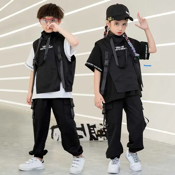 4-16 anni Bambini Hip Hop Autunno Abbigliamento Nero Bianco Top Gilet Pantaloni da ballo ragazze Ragazzi Costumi di danza Abiti da ballo X0902