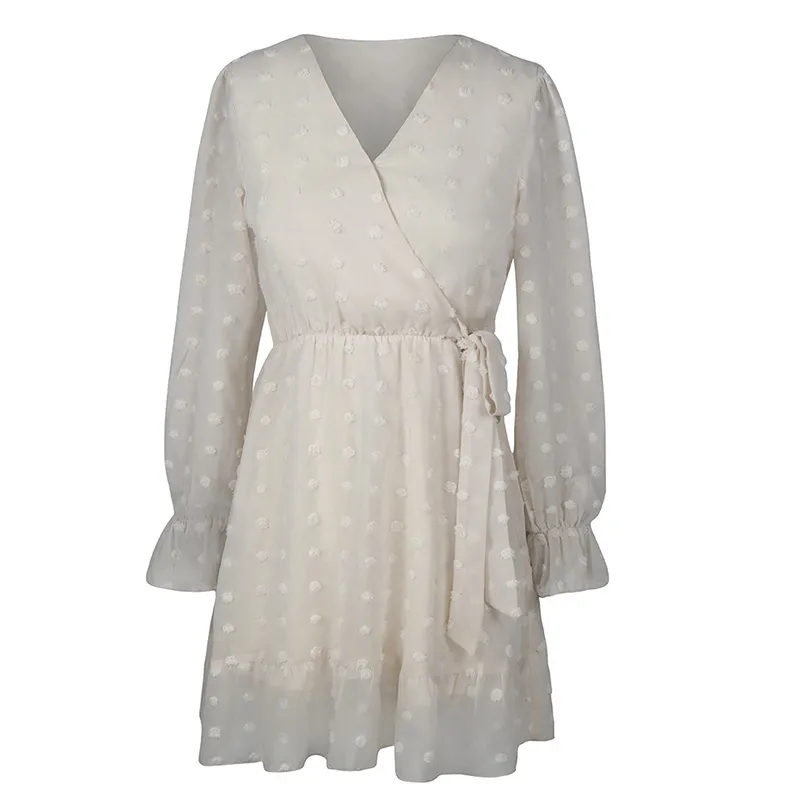 Polka Dot Spring Sukienka Kobiety V Neck Flare Z Długim Rękawem Krótka E-Line Sukienka Sukienka Vintage Sash Dress 210415