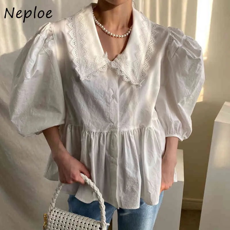 Ciężka praca koronkowa haczyk bluzka kobiety Peter Pan Collar z krótkim rękawem Ol White BluSas Lato Luźna koszula Femme 210422