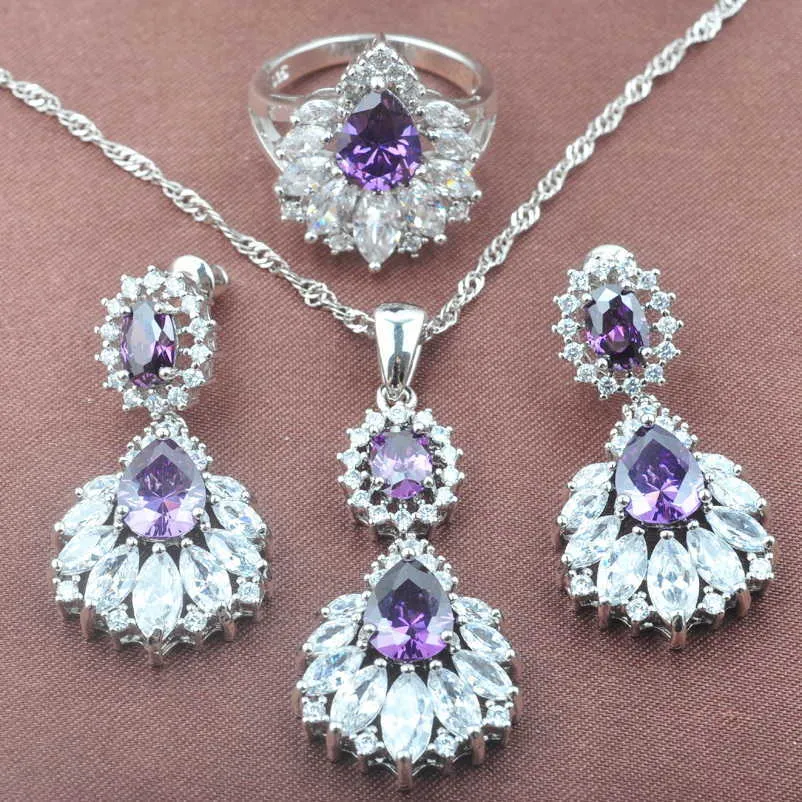 AAA Quality Purple Crystal Women's Wedding Silver Color Jewelry Sets Necklace Pendant Earrings Ring Birthday GiftsTZ0479 H1022
