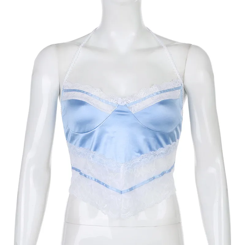 Tatchwork Blue White Lace Camisoles Mulheres Halter Halter Setin Satin Crop Top Mujer Slim Corset Sexy Backless Y2K Tanktop femme 210401
