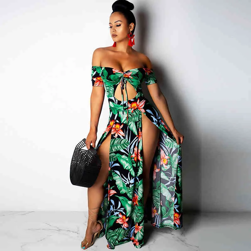 섹시한 여성 Boho Long Dress Off 어깨 플로랄 잎 인쇄 높은 분할 컷 아웃 여름 해변 휴일 맥시 드레스 Vestidos 210331
