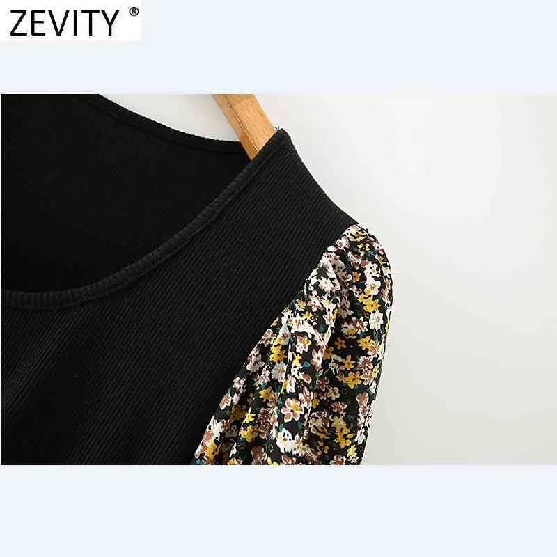 Kobiety Vintage Kwadratowy Kołnierz Knitting Patchwork Drukuj Pleaty Sukienka Kobieta Rękaw Puff Dorywczo Midi Vestidos DS4648 210420