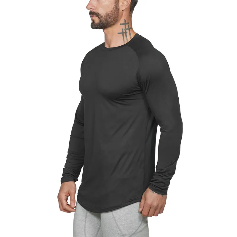 Nieuwe Mesh Effen Lange Mouw T-shirt Mannen Modemerk Kleding Slim Fit Fitness Hoge Stretch O Hals Bodybuilding T-shirt Mannelijke 210421