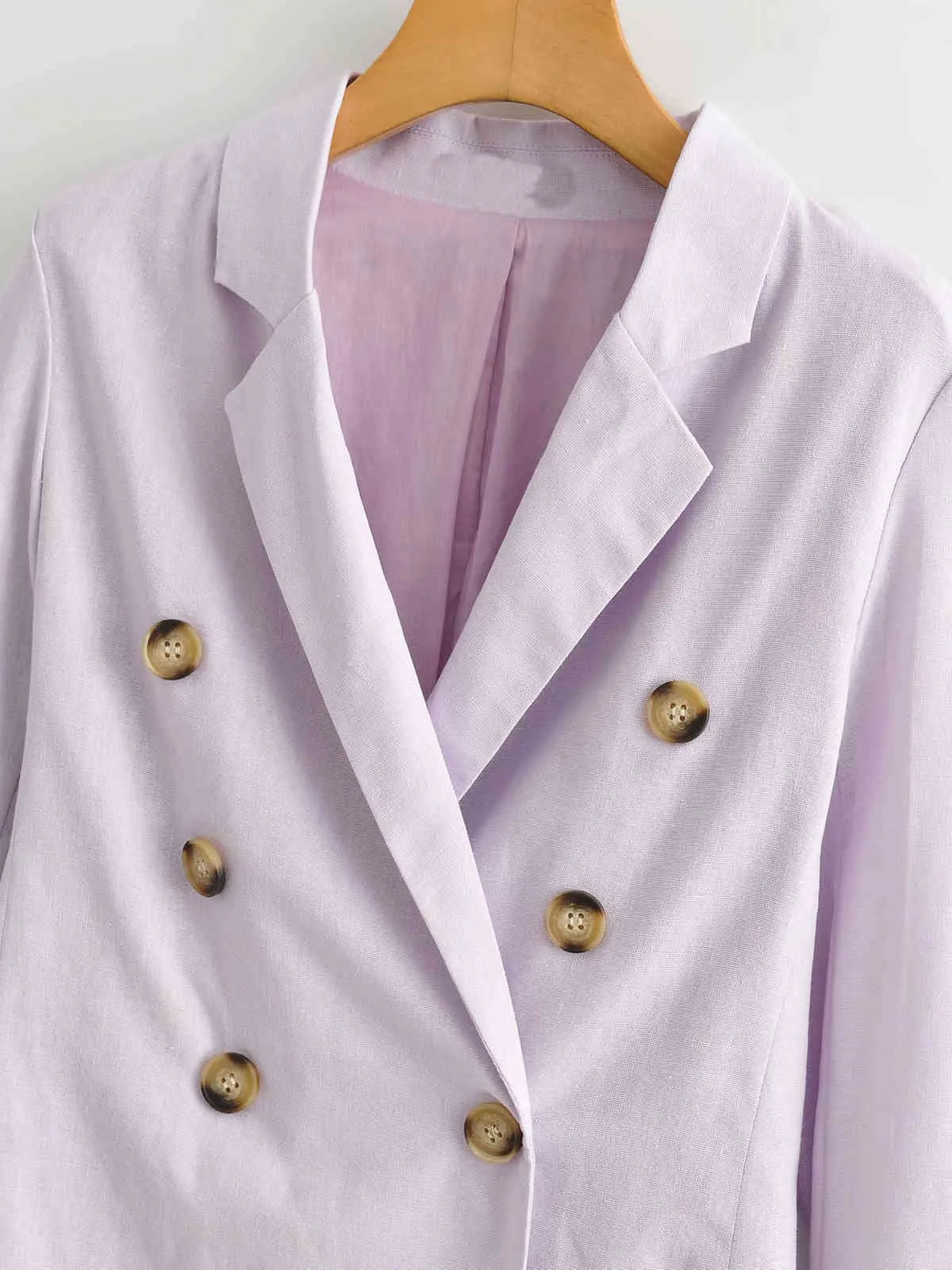 Sommer Baumwolle Leinen Blazer Frauen Dünne Anzug Jacke Zweireiher Damen Freizeit Violett 210421