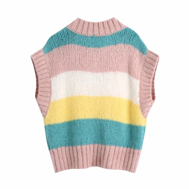 Spring Women V Neck Striped Knitting Sweater Casual Femme Sleeveless Pullover High Street Lady Loose Tops SW1129 210430