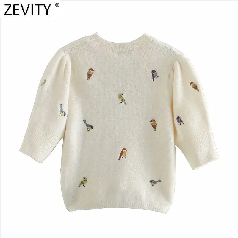 Women Sweet Birds Embroidery Short Knitting Sweater Female Pleats Puff Sleeve Breasted Cardigans Chic Tops S547 210420