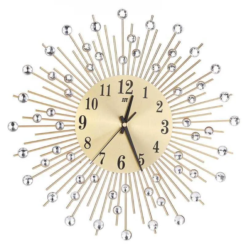 Horloge murale en métal Sunburst en cristal décoratif Home Art Décoration murale créative Horloge murale de luxe Horloges en diamant pour salon 210724