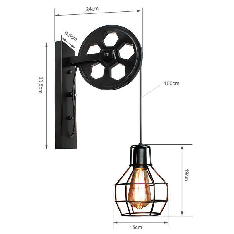 Lâmpada de parede Corredor Lifting Polia Indoor Iluminação Home Rústico Retro Metal Industrial Bar Restaurante Parede Sconce Luminária Luminária 210724