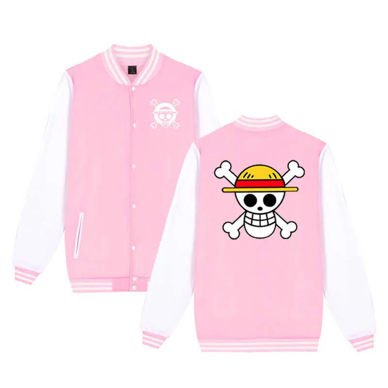 New Japan Anime One Piece Giacca da baseball Cappotto Rosa Felpa con cappuccio Giacca Monki Rufy Felpa Pullover Streetwear Trafalgar Oversize X0710