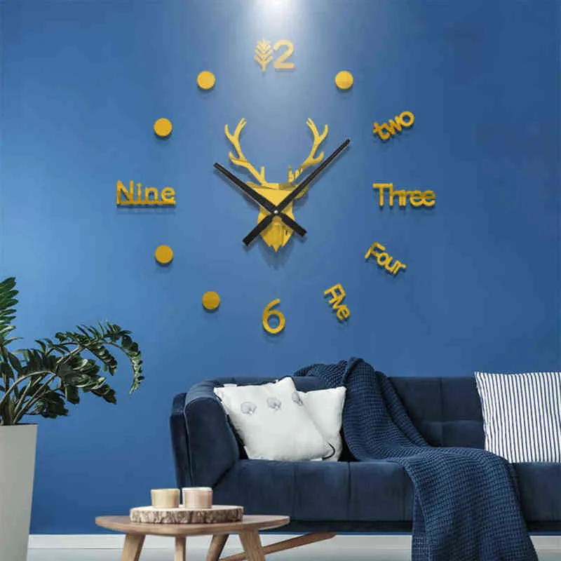 3Dウォールクロックミラーウォールステッカーシカヘッドクリエイティブディー大きな壁時計クォーツ時計アートデカールステッカーリビングルームホームデコレーションH3957973