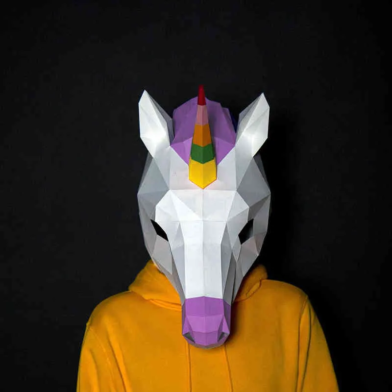 Cosplay mask 3d papercraft papper vuxen maskking unicorn halloween skräck masque visage kostym för kvinnor DIY leksaker Art party cos