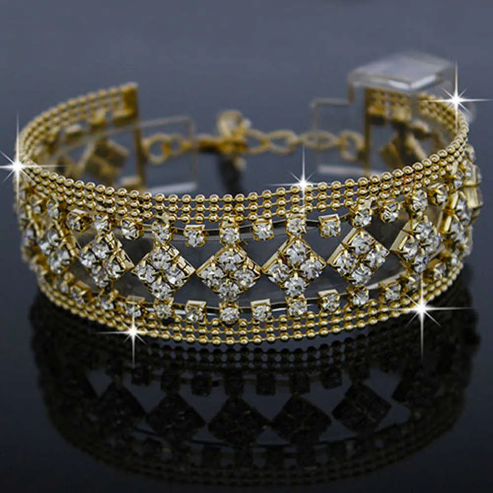 2 färger lyxiga eleganta kvinnor full rhinestone bred bröllop brud parti armband armband utsökta smycken gåva 2020 trendig Q0719