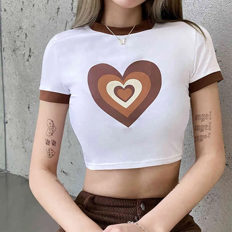 Kawaii Stampa cardiaca T-shirt Y2K con manica corta Fashion Fashion Donne Harajuku Summer Crop Top ragazze Bianco Tees Shirt 210510