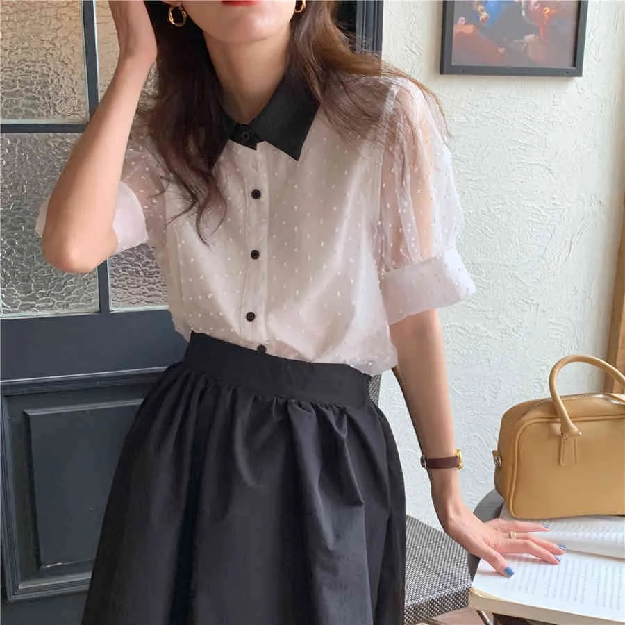 Color-Hit Polka Dots Chic Gentle Femme T Shirts Puff Sleeves Koreanska Sommar Toppar Alla Match Sweet Loose Blouses 210525