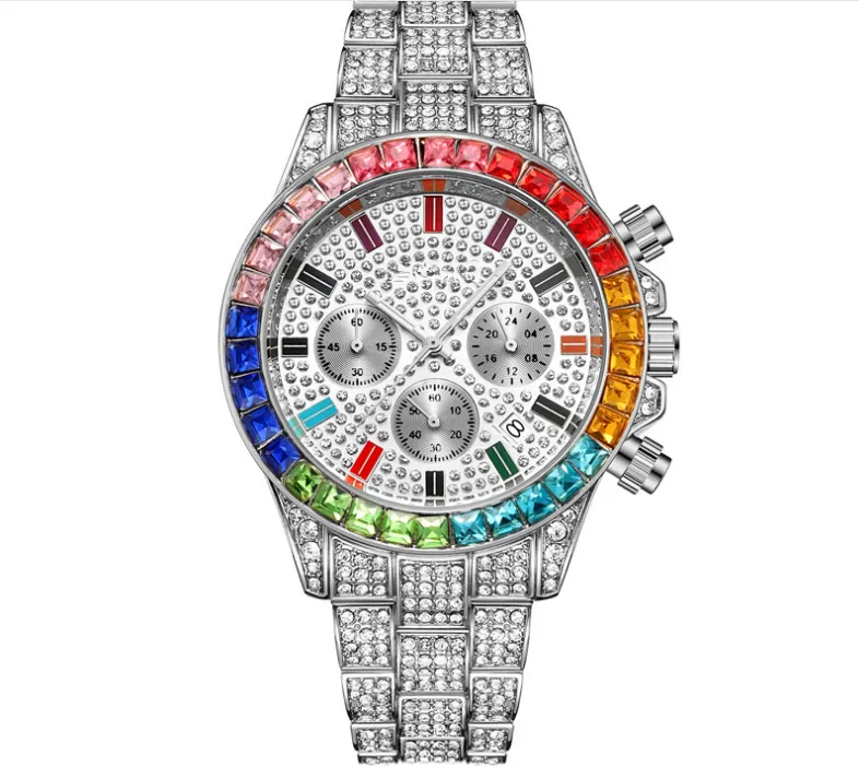 Pintime Luxury Colorful Crystal Diamond Quartz Battery Date Mens Watch Decorative Three Subdials Shining Watches Factory Direct W270D