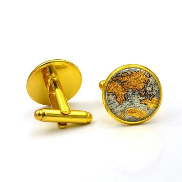 Pyjtrl Mężczyźni Moda Ziemia Planeta Mapa świata Metal French Cufflinks Sleeve Stud Akcesoria