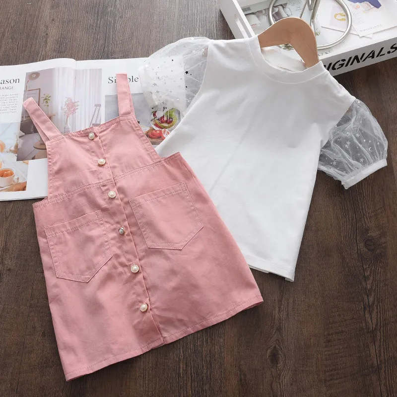 Girls Princess Clothes Set Summer Kids Baby Sequins T-shirt och Suspender Dress Outfits Barn Casual Passits 2-6Y 210429